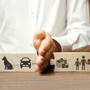 Hand placing puzzle piece with life stage icons: pet, car, savings, and family on wooden table